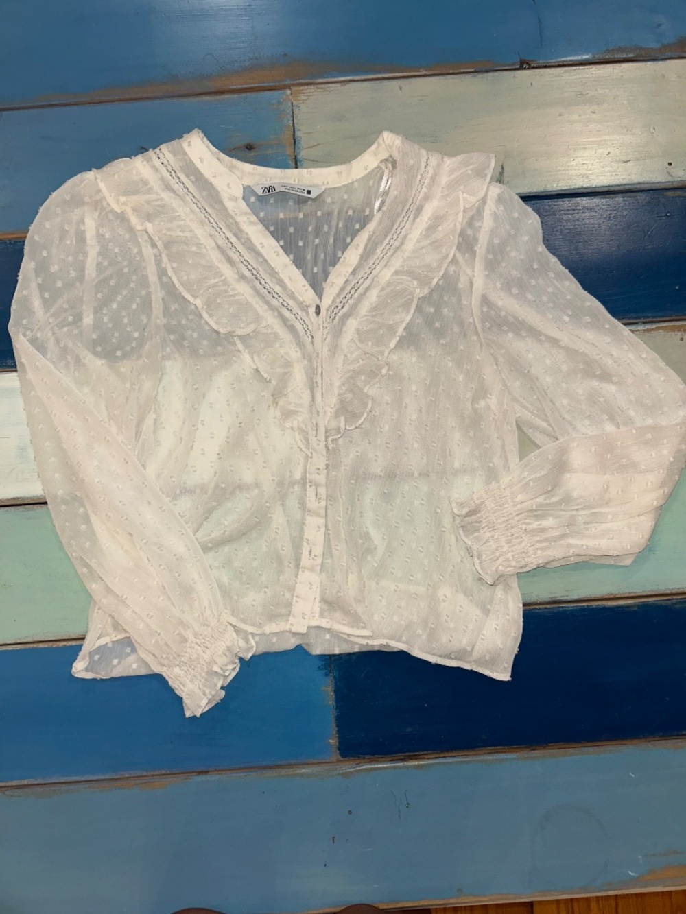 Zara White Swiss Dot Ruffle Blouse Size Large Boho Sheer Top - Picture 3 of 5